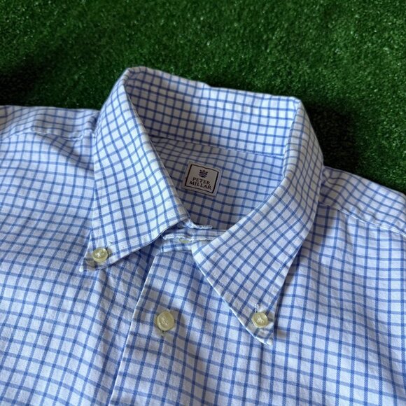 Peter Millar Long Sleeve Button Down Plaid Blue Oxford Easy Care Shirt Size XL - Picture 8 of 12